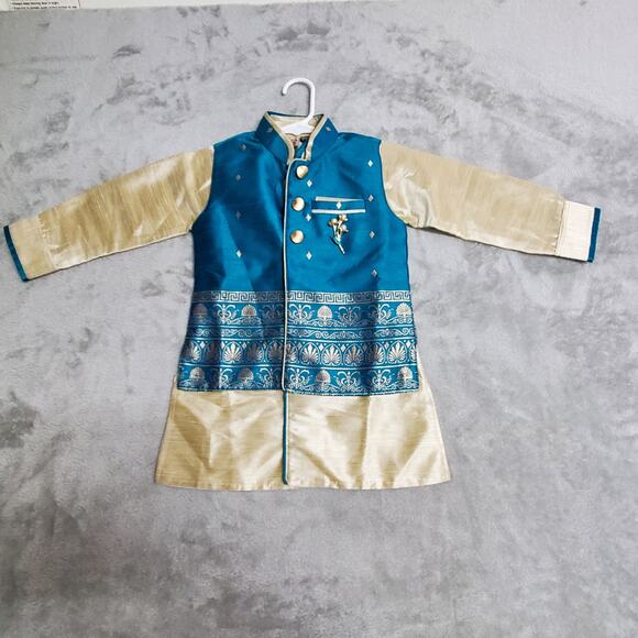 Kurta Suit Jacket & Vest Boys 2 Blue Turqoise Gold Button Front Wedding Indian - Picture 2 of 16